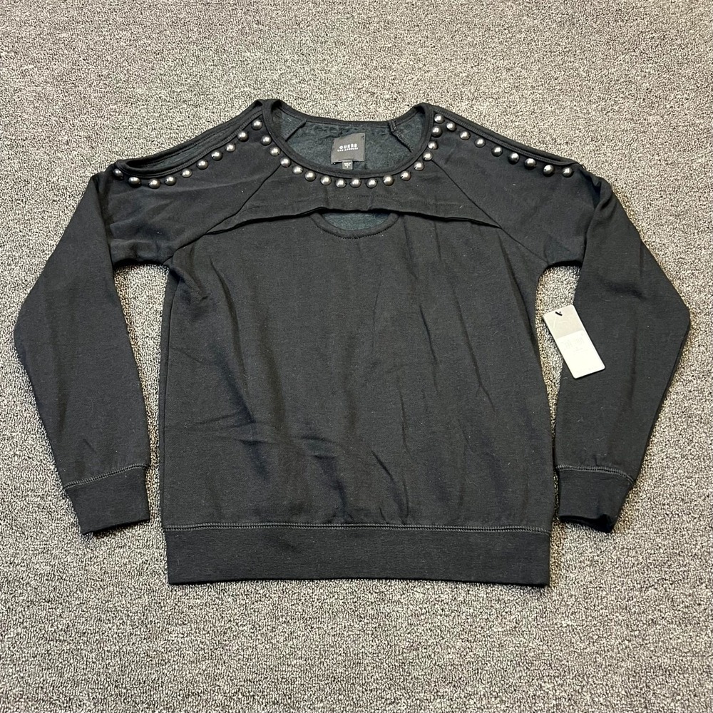 Guess Sweater Women's Small Jet Black Knit Studded Cold Shoulder Sleeve Pullover